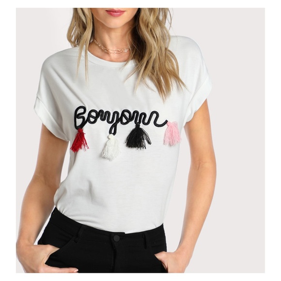 MBM Unlimited Tops - White Short Sleeve Embroidered Tassel T-Shirt